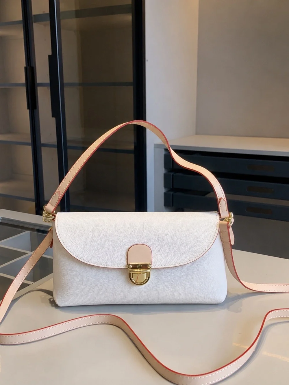LUXURY~white with colored logos Crossbody Bag with Pink Trim